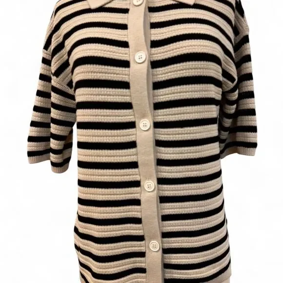 Apricot Women's Tan Black Cardigan Small Minimalist Preppy Short Sleeve Capsule - Picture 4 of 6